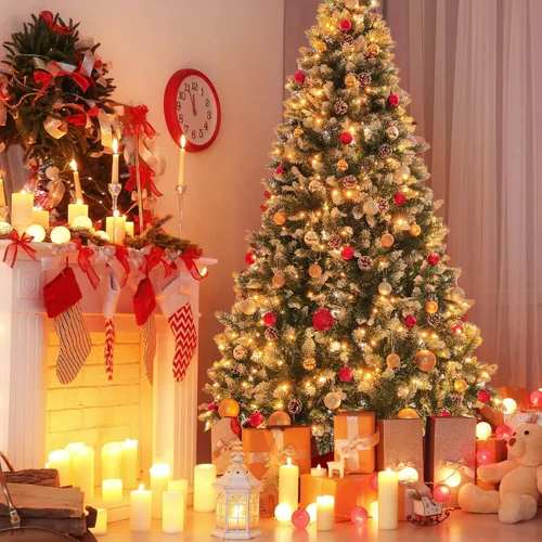 Vista 5 de CuisinSmart Árbol de Navidad artificial preiluminado con nieve, 7.5 pies, luces transparentes, sugerencias completas de PVC, conos de pino, montaje
