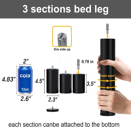 Vista 4 de Patas de Cama Ajustables de Repuesto para Marco de Base de Cama Ajustable, Incluye 4 Tipos de Roscas, Juego de 4 Patas Atornillables 3 en 1 de 12