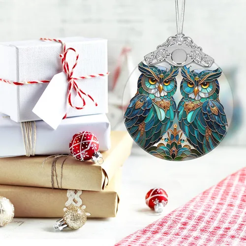Vista 6 de Adorno de Navidad, Adornos 2025 para Árbol de Navidad, Adorno Colgante de Vidrio Emplomado, Adornos Navideños, Idea de Regalo Única - Un Par de Búhos