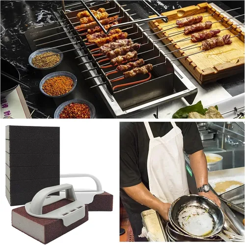 Vista 7 de 8 piezas de ladrillos de limpieza de ladrillos de limpieza de parrilla con 2 piezas de mango superior plano para eliminar manchas al aire libre