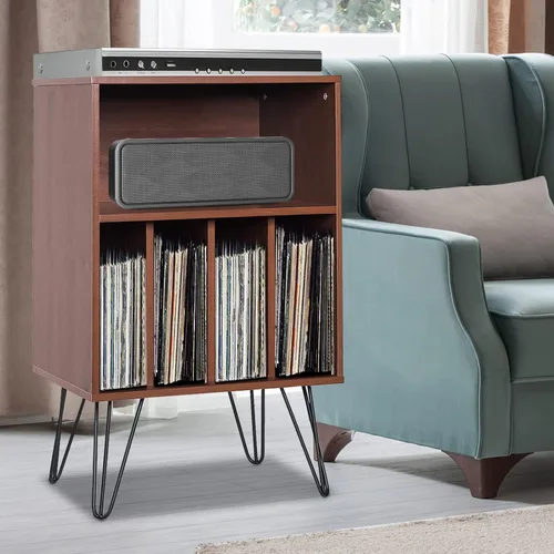 Vista 2 de Tangkula Record Player Stand, Turntable Stand with Metal Legs, Vinyl Record Storage Cabinet w/ 5 Open Shelves Holds up to 150 Albums for Living Room