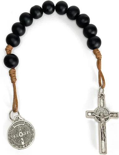 Vista 3 de Rosario de bolsillo de oración católica Medalla de San Benito Cuentas Negras San Benito Tenner Estilo Abierto Rosario de una década, Zinc, No es una