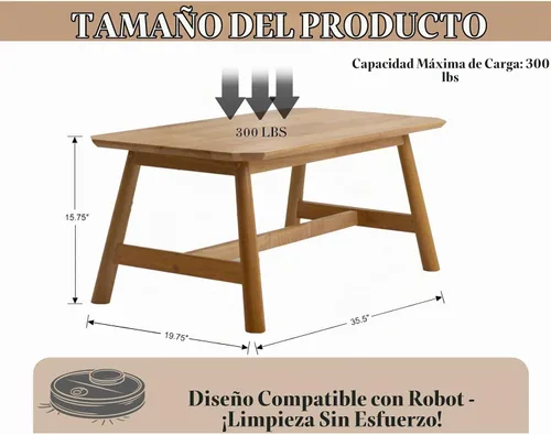 Vista 2 de CIMOTA Mesa auxiliar, mesa central rectangular moderna de mediados de siglo, mesa de té de madera natural maciza para sala de estar, acabado