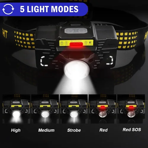 Vista 2 de Linterna frontal recargable, lámpara de cabeza brillante, sensor de movimiento para exteriores, 5 modos de zoom multifunción con mosquetón, linterna
