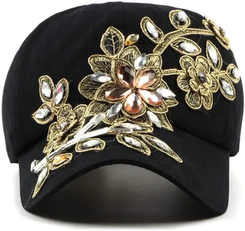 Vista 3 de Gudessly Bling - Gorra de béisbol para mujer, diseño de flores, con diamantes de imitación, ajustable, de mezclilla