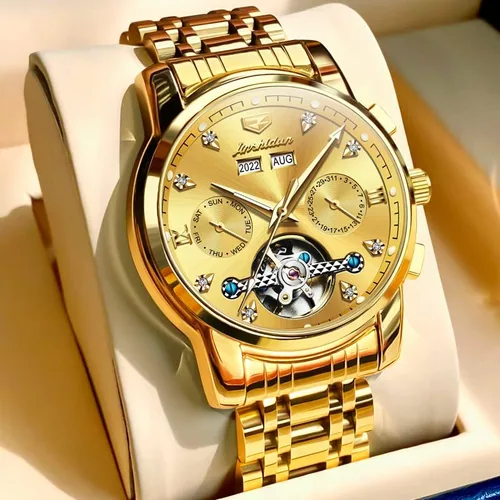 Vista 9 de JSDUN Relojes para hombre automático de cuerda automática, reloj de pulsera mecánico, multicalendario, acero inoxidable, mes, fecha, semana
