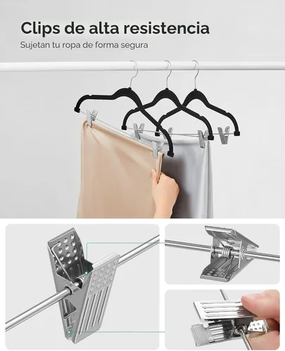 Vista 7 de SONGMICS Paquete de 20 perchas para pantalones, perchas de terciopelo de 16.7 pulgadas de largo con clips ajustables, perchas resistentes