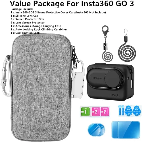 Vista 6 de Kit de accesorios compatible con Insta360 GO 3 [Funda de silicona para cámara y tapa de lente] [2 piezas de película protectora de pantalla 3D]
