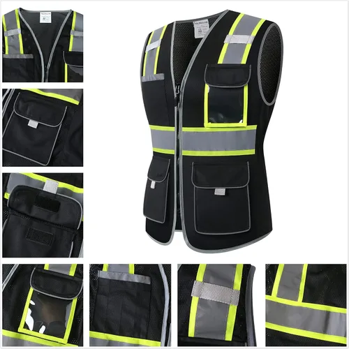 Vista 4 de Chaleco de seguridad para mujeres, chaleco de trabajo reflectante de alta visibilidad con 9 bolsillos múltiples y cremallera Negro