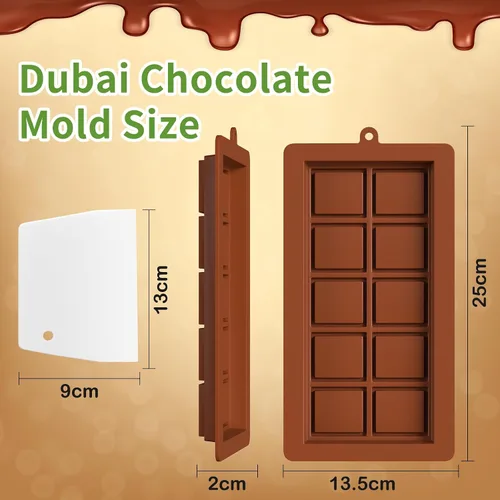 Vista 8 de Juego de moldes de chocolate Dubai 2 piezas, moldes de barra de chocolate de silicona grandes y gruesos de 0.79 pulgadas de profundidad y raspador