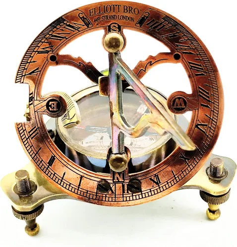 Vista 6 de Brújula de reloj de sol de latón con caja de madera - Brújula de navegación antigua - Decoración náutica