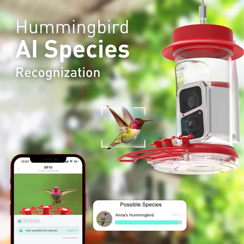 Vista 3 de Soliom Comedero de colibríes con cámara, comedero inteligente para pájaros con vista en vivo 2K, identificación de especies AI, a prueba de fugas