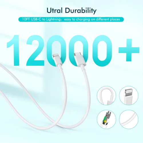 Vista 3 de Cargador rápido para iPhone, cable USB C a Lightning de carga rápida extra largo de 10 pies con bloque de cargador USB C para iPhone 20 W, enchufe