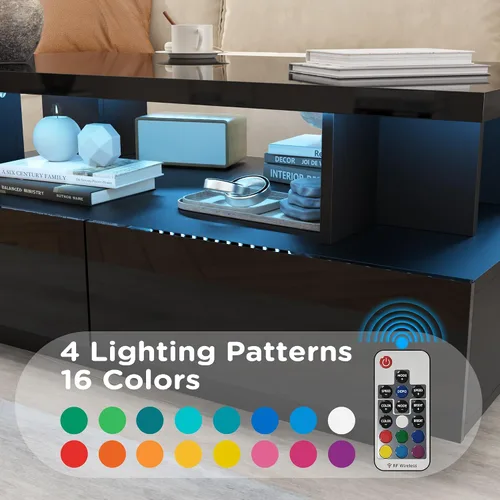 Vista 6 de MHOM Mesa de centro LED de 41.3 pulgadas, moderna mesa de sala de estar de alto brillo con 4 cajones, elegante mesa central para sala de estar, Negro