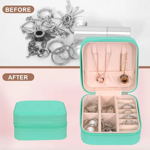 Vista 6 de Joyero pequeño de piel sintética, portátil, organizador de joyas para mujeres y niñas, organizador de joyas y almacenamiento para anillos, aretes