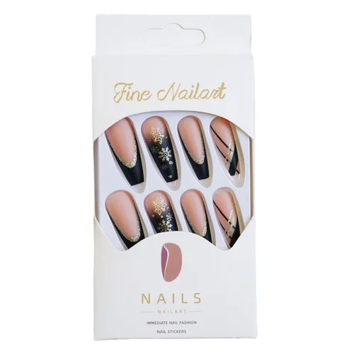 Vista 5 de MISUD Uñas postizas largas con diseño de ataúd con oro negro, diseño acrílico de copo de nieve con purpurina, 24 piezas