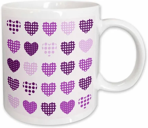 Vista 20 de 3dRose Taza de café, tamaño: 15 onzas, patrón de corazones de lunares morados y blancos en una fila, divertido regalo de taza de café