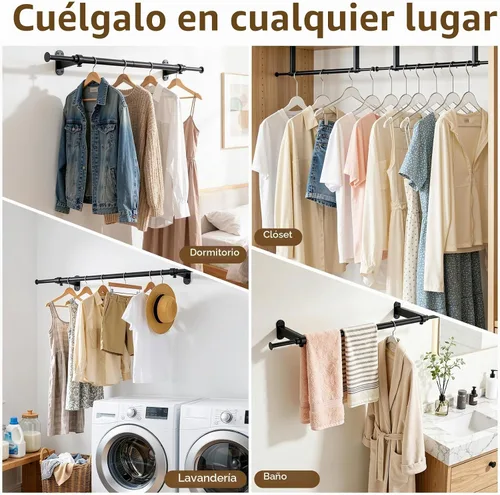 Vista 6 de Luxspire Perchero de ropa para montar en la pared, perchero de tubería industrial, barra de ropa de hierro extensible resistente de 28 pulgadas