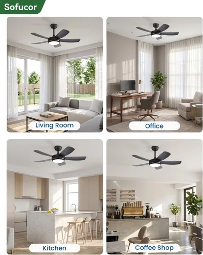 Vista 9 de Sofucor Ventiladores de techo de 42 pulgadas con luces, moderno ventilador de techo negro para dormitorio pequeño con control remoto, cuchillas