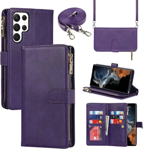Vista 26 de Cavor Funda tipo cartera cruzada para Samsung Galaxy S22 Plus, color negro Funda de cuero con cierre magnético con cremallera y función atril TPU
