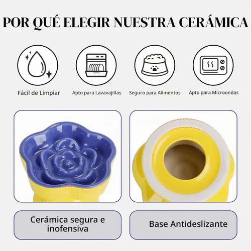 Vista 4 de S&Q's CERAMICS Cuenco elevado de alimentación lenta para gatos, cuenco de cerámica elevado e inclinado para comida para mascotas, comedero lento Azul