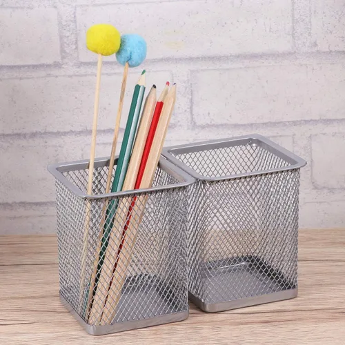 Vista 3 de NUOLUX 2pcs Metal Mesh Square Pencil Holder Pen Pot Desk Tidy Organizer (Plata)