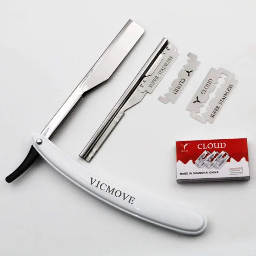 Vista 3 de Navaja de afeitar profesional de borde recto con 20 cuchillas Derby, 100% acero inoxidable, 1 navaja + 20 cuchillas 1 Razor + 20 Blades