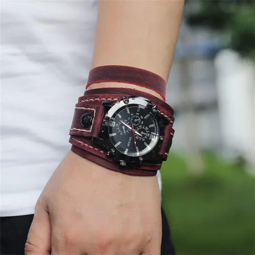 Vista 8 de Reloj de cuarzo de lujo para hombre, correa de cuero de vaca pura y ancha, estilo punk, color marrón