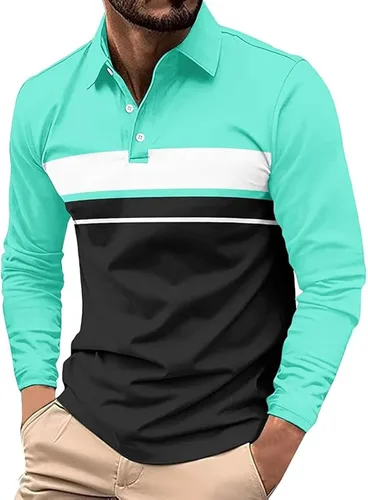 Vista 4 de Polo para hombre, manga larga, ajustado, a rayas, con cuello, talla grande, para golf y otoño