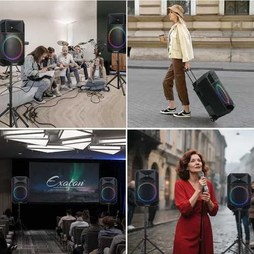 Vista 9 de EXOTON S-1501 15 Inch Portable Rechargeable PA Speaker 1600W, Bluetooth, TWS, USB/RCA, 2 UHF Mics, Remote, 7-Color Lights, DSP with 4 Scene Presets