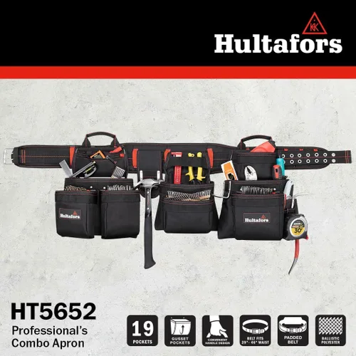 Vista 4 de Hultafors Work Gear HT5652 Professional - Delantal combinado de carpintero, cinturón de herramientas de poliéster balístico resistente, bolsillos