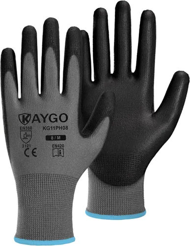 Vista 102 de KAYGO KG11PB - Guantes de trabajo de seguridad con revestimiento de poliuretano, 12 pares de guantes de punto sin costuras para hombres y mujeres