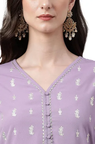 Vista 8 de Janasya Indian Lavender Crepe Foil Print Straight Kurta para mujer