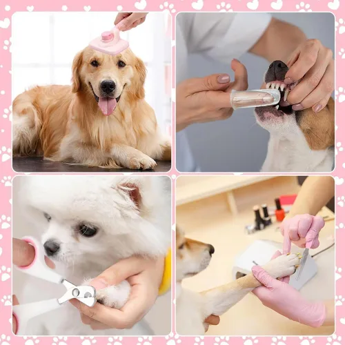 Vista 4 de Juego de 8 cepillos para perros, juego de limpieza automática para mascotas, con cortaúñas y limas, peine, cepillo de baño para champú para mascotas