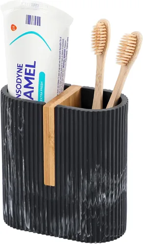 Vista 9 de Portacepillos de dientes para baño, soporte eléctrico de bambú para cepillos de dientes, color negro