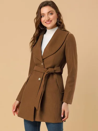 Vista 2 de Allegra K Abrigo largo con cinturón de invierno con cuello de chal para mujer
