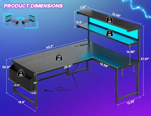 Vista 3 de DurayLoly Escritorio en forma de L para juegos con luz LED y toma de corriente, escritorio reversible en forma de L para computadora de 43.3