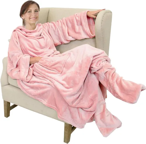 Vista 13 de Catalonia - Manta de vestir de vellón con mangas y compartimientos para los pies, para mujeres y hombres, manta de microfelpa cómoda y envolvente