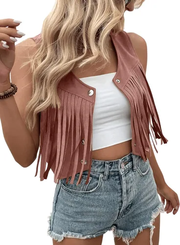 Vista 3 de SweatyRocks Chaleco corto sin mangas con flecos de gamuza para mujer, chaqueta con botones frontales