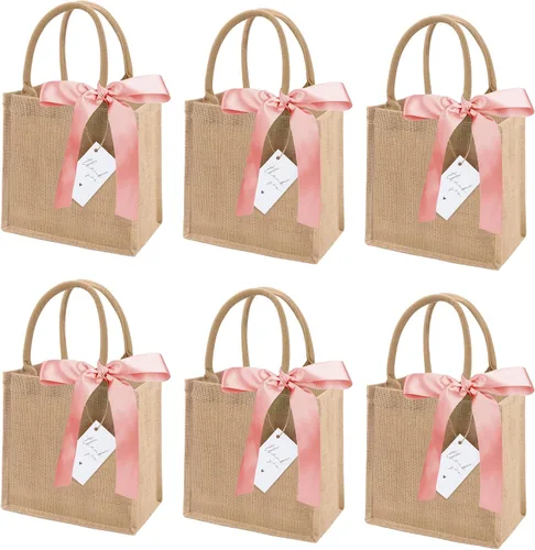 Vista 13 de Paquete de 6 bolsas de arpillera con asas reutilizables, mini bolsas de regalo de yute con cintas de seda azules, forro impermeable para bodas