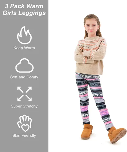 Vista 5 de TODDOR Paquete de 3 leggings cálidos para niñas, leggings de invierno con forro polar grueso para niños, longitud al tobillo, pantalones elásticos