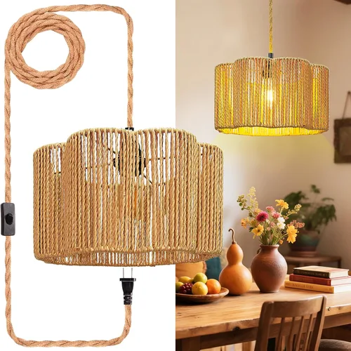 Vista 10 de Luces Colgantes con Cable de Enchufe, Lámpara Colgante de Ratán, Luminarias de Techo Boho, Lámpara Colgante de Estilo Rústico para Sala de Estar