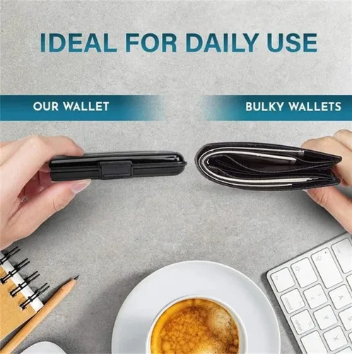 Vista 2 de Billetera de acero inoxidable con clip Pro Secure Tech, carteras antirrobo con calcomanías de bricolaje, impermeable, plegable, delgada, de aleación
