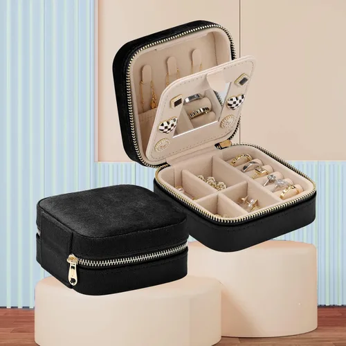 Vista 3 de Sightor Joyero organizador de terciopelo para viaje, pequeño joyero con espejo, portátil, estuche de almacenamiento de joyas para anillos, aretes