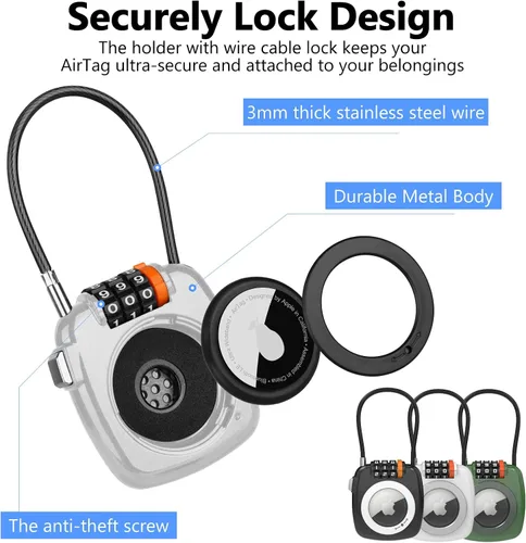 Vista 5 de Compatible con Apple AirTag Secure Lock con cable de alambre, candados de equipaje combinados de 3 dígitos, cuerpo de aleación ultra duradero, funda