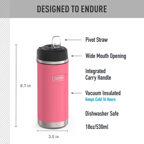 Vista 2 de THERMOS ICON SERIES - Botella de agua aislada con tapa con popote, 18 onzas, rosa intenso, botella de agua aislada al vacío de acero inoxidable