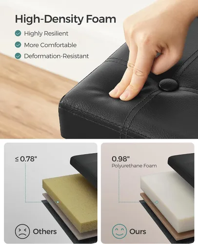 Vista 5 de Otomana plegable por Songmics, cubo de almacenamiento de 15 pulgadas con agujero y asa, piel sintética, Madera, Negro