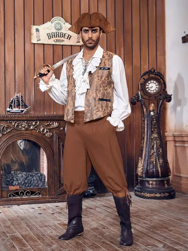 Vista 4 de Gafeng Pantalones piratas renacentistas medievales para hombre, disfraz colonial de caballero para Halloween, pantalones cortos con cordones LARP