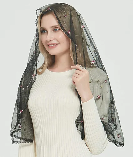 Vista 4 de V50 - Velo ortodoxo con flores bordadas capilla católica velo de mantilla