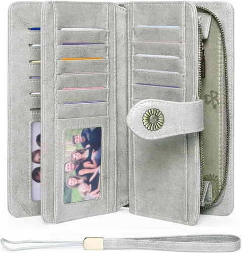 Vista 28 de FALAN MULE Cartera de cuero para mujer, de gran capacidad, bifold, con bloqueo RFID, tarjetero con bolsillo para monedas con cremallera Aa-negro.